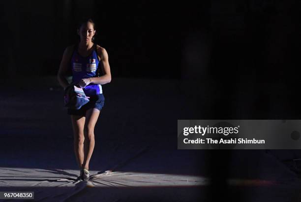 Akiyo Noguchi of Japan prepares to compete in the Women's Bouldering final on day two of the IFSC World Cup Hachioji at Esforta Arena Hachioji on...