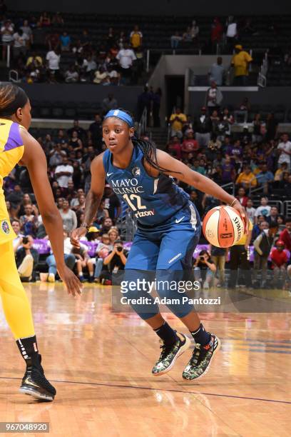 Alexis Jones of the Minnesota Lynx handles the ball against the Los Angeles Sparks on June 3, 2018 at STAPLES Center in Los Angeles, California. NOTE...