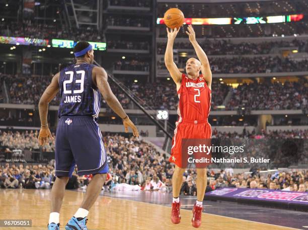 Jason Kidd of the Western Conference puts up a jumper against LeBron James of the Eastern Conference during the NBA All-Star Game as part of the 2010...