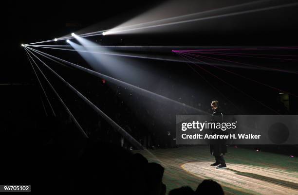 Model walks the runway at the Y-3 Autumn/Winter 2010 Fashion Show during Mercedes-Benz Fashion Week at the Park Avenue Armory on February 14, 2010 in...