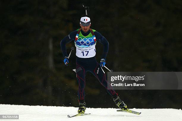 Simon Fourcade of France competes during the Biathlon Men's 10 km Sprint on day 3 of the 2010 Winter Olympics at Whistler Olympic Park Biathlon...