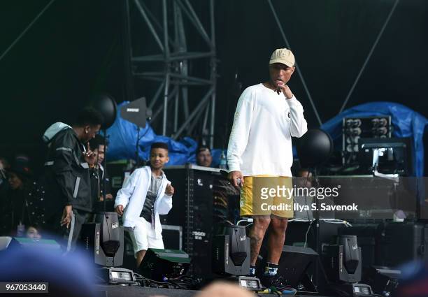 Pharrell Williams and Demarjay Smith dance on stage during N.E.R.D performance at 2018 Governors Ball Music Festival - Day 3 on June 3, 2018 in New...