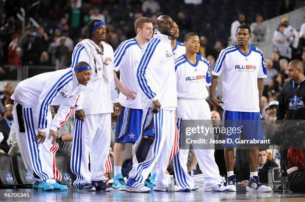 Paul Pierce, Gerald Wallace, David Lee, Kevin Garnett, Derrick Rose and Joe Johnson of the Eastern Conference react during the NBA All-Star Game,...