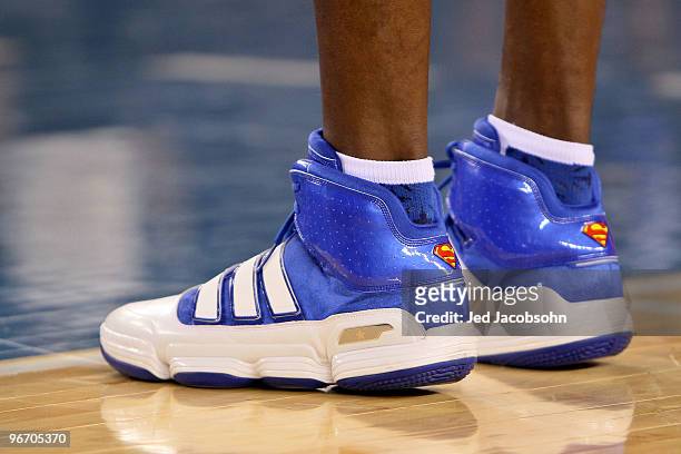 Dwight Howard of the Eastern Conference wears shoes with a Superman logo during the NBA All-Star Game, part of 2010 NBA All-Star Weekend at Cowboys...