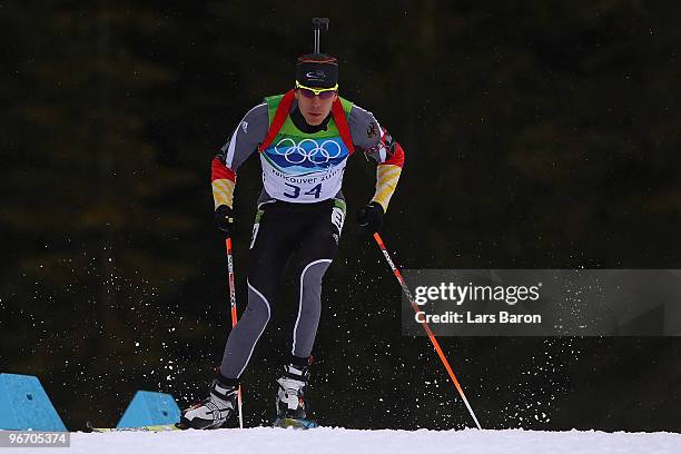 Arnd Peiffer of Germany competes during the Biathlon Men's 10 km Sprint on day 3 of the 2010 Winter Olympics at Whistler Olympic Park Biathlon...