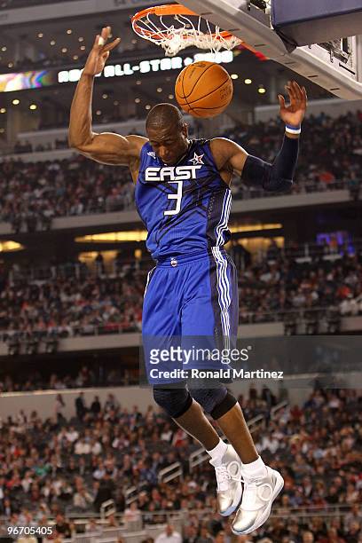Dwyane Wade of the Eastern Conference dunks against the Western Conference during the fourth quarter of the NBA All-Star Game, part of 2010 NBA...