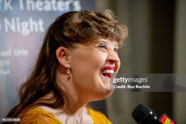 Jamie Brewer recives the award for outstanding featured actress in a play with Amy and the Orphans, Roundabout Underground during the 2018 Drama Desk...
