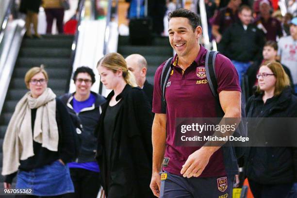 Billy Slater of the Queensland Maroons arrives to address the media during a press conference at Melbourne Airport on June 4, 2018 in Melbourne,...