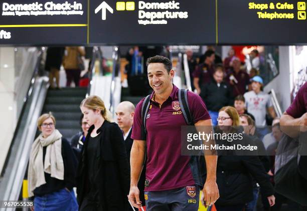 Billy Slater of the Queensland Maroons arrives to address the media during a press conference at Melbourne Airport on June 4, 2018 in Melbourne,...