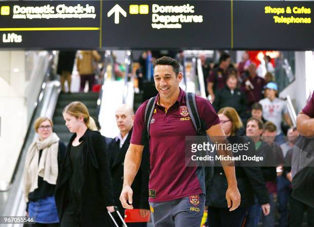 Billy Slater of the Queensland Maroons arrives to address the media during a press conference at Melbourne Airport on June 4, 2018 in Melbourne,...