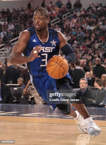 Dwyane Wade of the Eastern Conference drives against the Western Conference during the NBA All-Star Game as part of the 2010 NBA All-Star Weekend at...