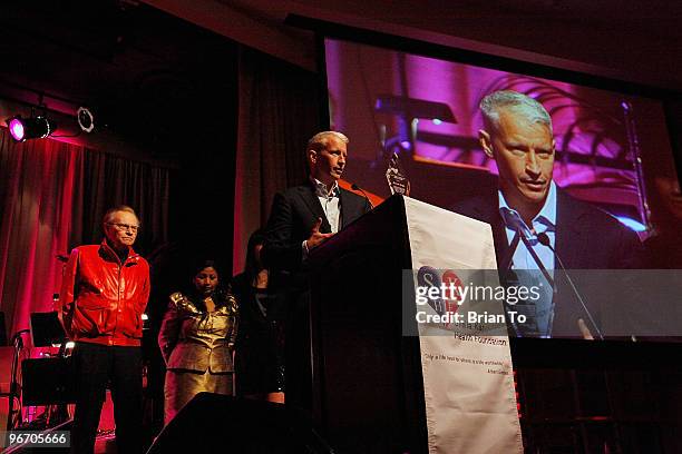 Larry King , Dr. Sheila Kar, and Anderson Cooper attend charity fundraiser for Sheila Kar Health Foundation at The Beverly Hilton hotel on February...
