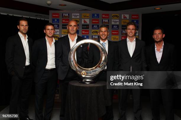 Andrew Durante of the Wellington Phoenix, Jason Culina of Gold Coast United, Kevin Muscat of the Melbourne Victory, Steve Corica of Sydney FC, Matt...