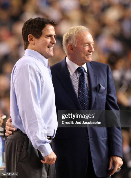 Owner and general manager of the Dallas Cowboys Jerry Jones and owner of the Dallas Mavericks Mark Cuban look on during the NBA All-Star Game, part...