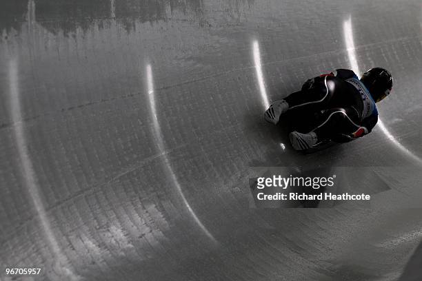 Anke Wischnewski of Germany trains in the women's luge singles on day 3 of the 2010 Winter Olympics at Whistler Sliding Centre on February 14, 2010...