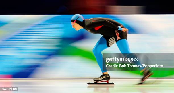 An athlete competes during the Speed Skating Ladies' 3,000m on day 3 of the Vancouver 2010 Winter Olympics at Richmond Olympic Oval on February 14,...