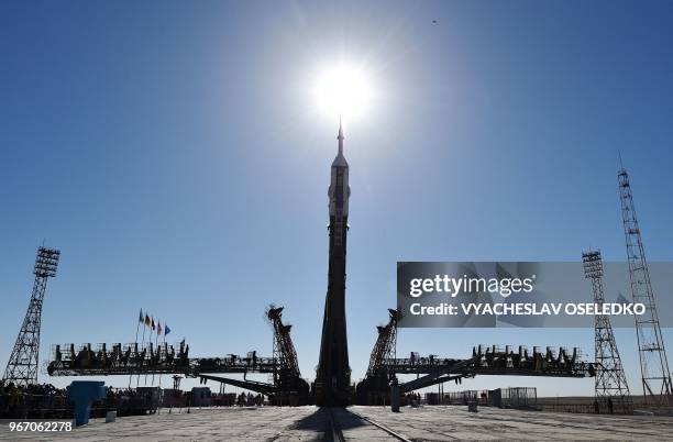 Soyuz MS-09 spacecraft is mounted on the launch pad at the Russian-leased Baikonur cosmodrome in Kazakhstan on June 4, 2018. The launch of the Soyuz...