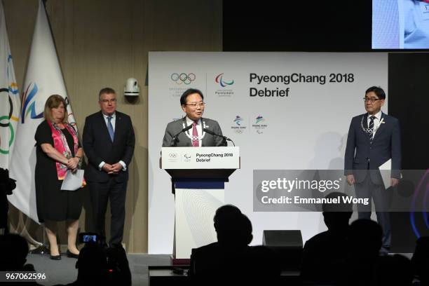 Kim Kihong , the PyeongChang 2018 Vice President of Games Planning speaks after receiving the Olympic Order by the IOC President Thomas Bach during...