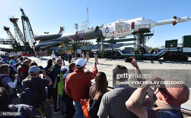 Soyuz MS-09 spacecraft is transported on the launch pad at the Russian-leased Baikonur cosmodrome in Kazakhstan on June 4, 2018. - The launch of the...