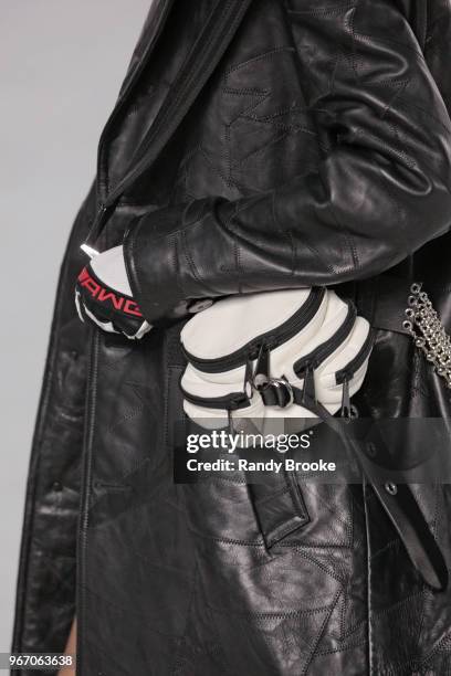 Black and white clutch or fanny pack detail during the Alexander Wang Resort Runway show June 2018 New York Fashion Week on June 3, 2018 in New York...