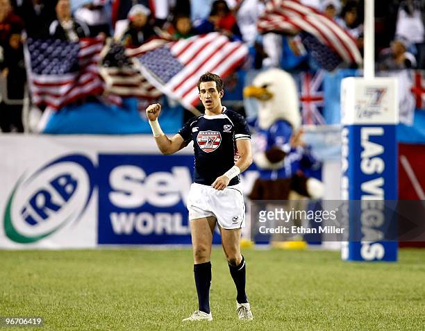 Zachary Test of the United States pumps his fists after teammate Matt Hawkins scored a try in the team's 28-17 victory over France in the Bowl Final...