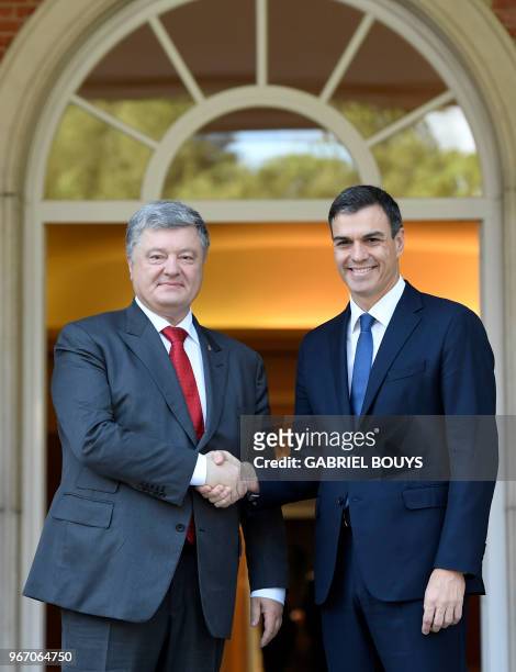 Spanish prime minister Pedro Sanchez shakes hands with Ukrainian president Petro Poroshenko prior to holding a meeting at La Moncloa palace in Madrid...