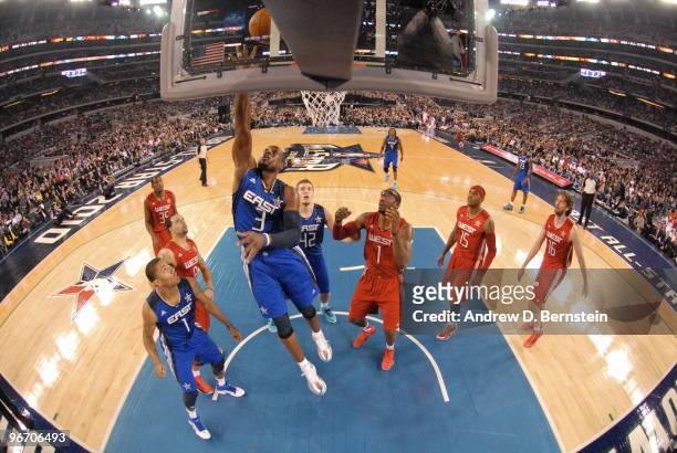 Dwyane Wade of the Eastern Conference shoots against the Western Conference during the NBA All-Star Game, part of 2010 NBA All-Star Weekend on...