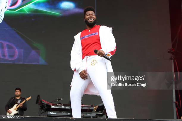 Khalid performs on day 3 of the Governors Ball music festival at Randall's Island Park on June 3, 2018 in New York