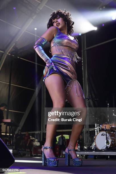 Kali Uchis performs on day 3 of the Governors Ball music festival at Randall's Island Park on June 3, 2018 in New York