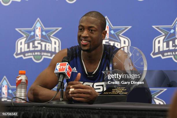 Dwyane Wade of the Eastern Conference answers questions at a Press Conference following the 2010 NBA All-Star game on February 14, 2010 at Cowboy...