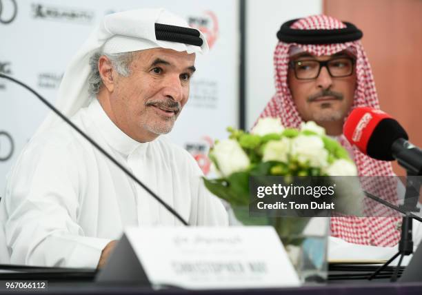 Secretary General of Dubai Sports Council, H.E. Saeed Hareb speaks during the press conference prior to the ATCO PSA Dubai World Series Finals which...