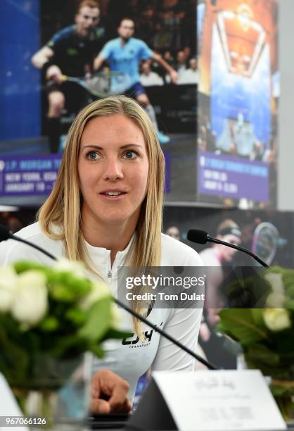 Laura Massaro of England speaks during the press conference prior to the ATCO PSA Dubai World Series Finals which will be played from 5-9 June at the...