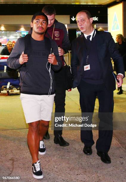 Anthony Milford, possible replacement for Billy Slater of the Queensland Maroons, arrives during a press conference at Melbourne Airport on June 4,...