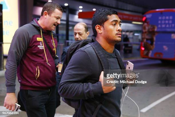 Anthony Milford, possible replacement for Billy Slater of the Queensland Maroons, arrives during a press conference at Melbourne Airport on June 4,...