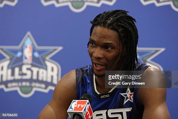 Chris Bosh of the Eastern Conference answers questions at a Press Conference following the 2010 NBA All-Star game on February 14, 2010 at Cowboy...