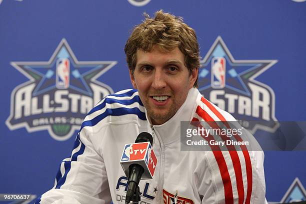 Dirk Nowitzki of the Western Conference answers questions at a Press Conference following the 2010 NBA All-Star game on February 14, 2010 at Cowboy...
