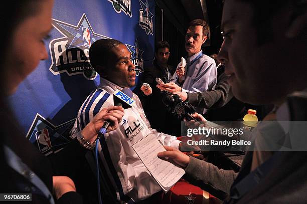Kevin Durant of the Western Conference responds to questions following the 2010 NBA All-Star game on February 14, 2010 at Cowboy Stadium in...