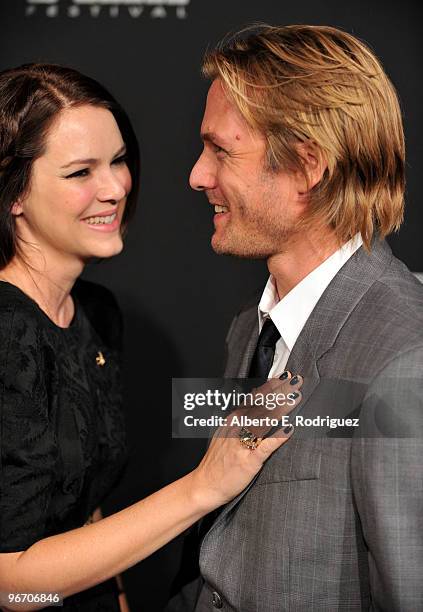 Actress Jacinda Barrett and actor Gabriel Macht arrive at the Santa Barbara International Film Festival closing night screening of "Middle Men" on...