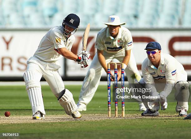 Matthew Wade of the Bushrangers hits the winning run during day four of the Sheffield Shield match between the Victorian Bushrangers and the...