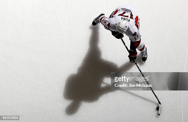 Filip Kuba of the Ottawa Senators warms up before playing against the New York Islanders on February 14, 2010 at Nassau Coliseum in Uniondale, New...