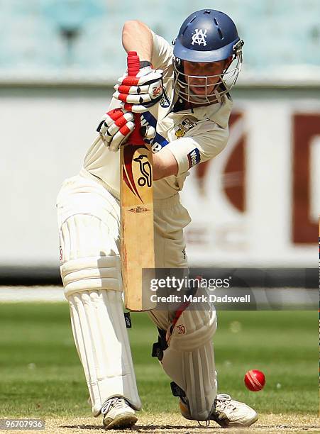 Lloyd Mash of the Bushrangers plays forward defensively during day four of the Sheffield Shield match between the Victorian Bushrangers and the...