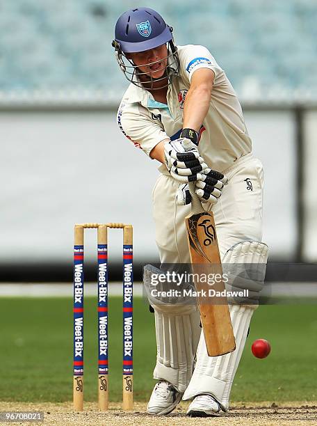 Steven Smith of the Blues plays forward defensively during day four of the Sheffield Shield match between the Victorian Bushrangers and the...