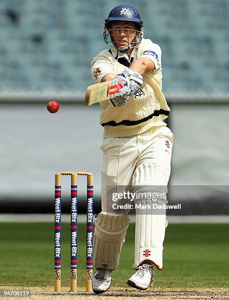 David Hussey of the Bushrangers plays a pull shot during day four of the Sheffield Shield match between the Victorian Bushrangers and the Queensland...