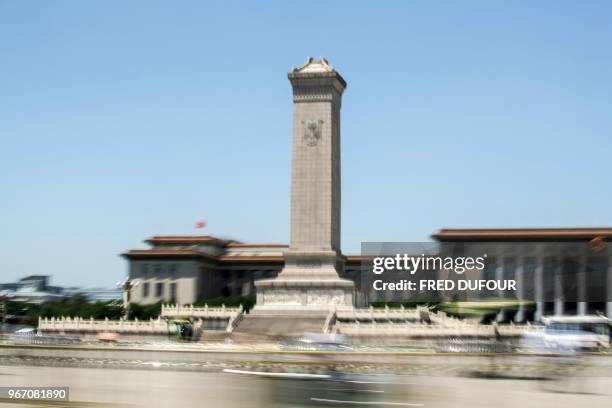 The Monument to the People's Heroes is seen in Tiananmen Square, on the anniversary of the 1989 crackdown on protesters, in Beijing on June 4, 2018....