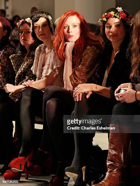Model/singer Karen Elson, Sarah Sophie Flicker and actress/singer Zoe Kravitz attend the Erin Fetherston Fall 2010 fashion show during Mercedes-Benz...