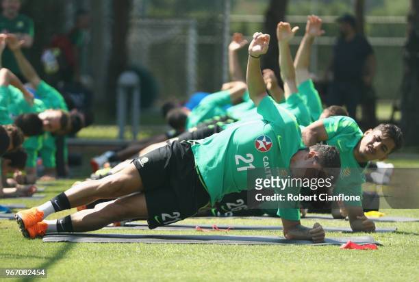 Dimitri Petratos of Australia stretches during the Australian Socceroos Training Session at the Gloria Football Club on June 4, 2018 in Antalya,...