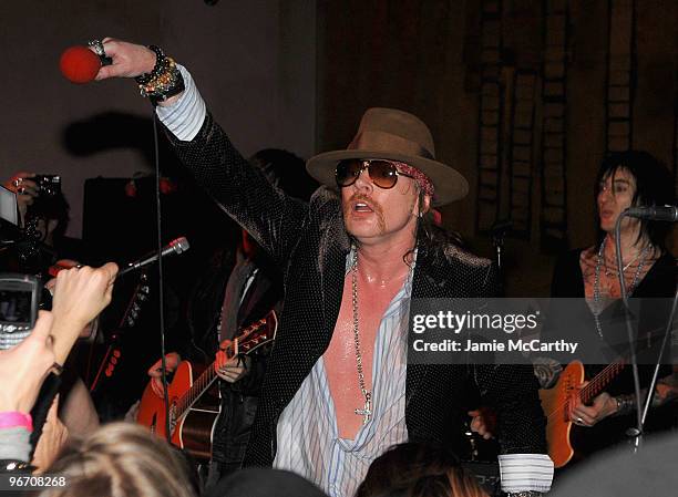 Axl Rose of Guns N' Roses performs Live At Nur Khan's Rose Bar Sessions presented by DeLeon Tequila at Gramercy Park Hotel on February 14, 2010 in...