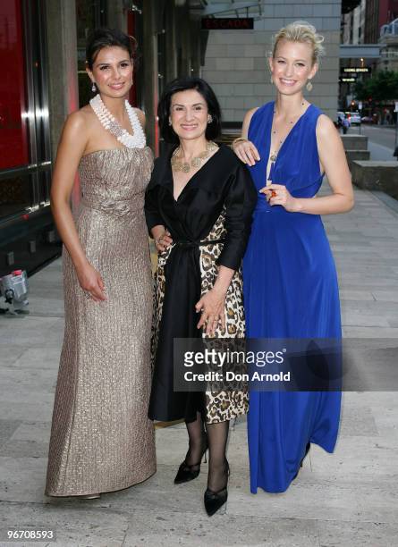 Paloma Picasso stands between models at the Paloma Picasso Sydney In-store cocktail event at Tiffany & Co Castlereagh Street on February 15, 2010 in...