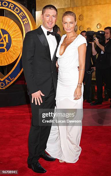 Michael Clarke and partner Lara Bingle arrive at the 2010 Allan Border Medal at Crown Casino on February 15, 2010 in Melbourne, Australia.