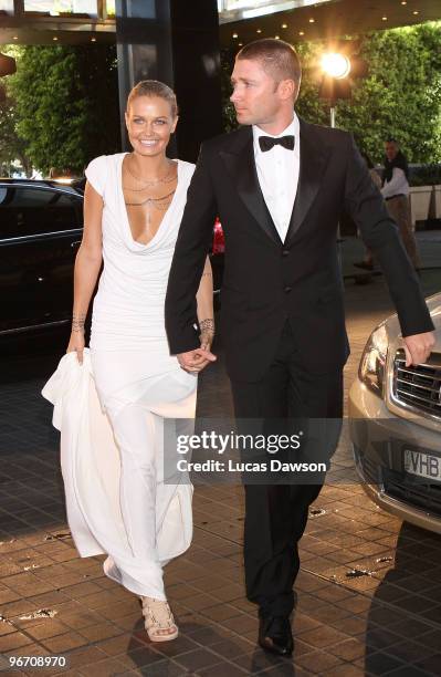 Michael Clarke and partner Lara Bingle arrive at the 2010 Allan Border Medal at Crown Casino on February 15, 2010 in Melbourne, Australia.